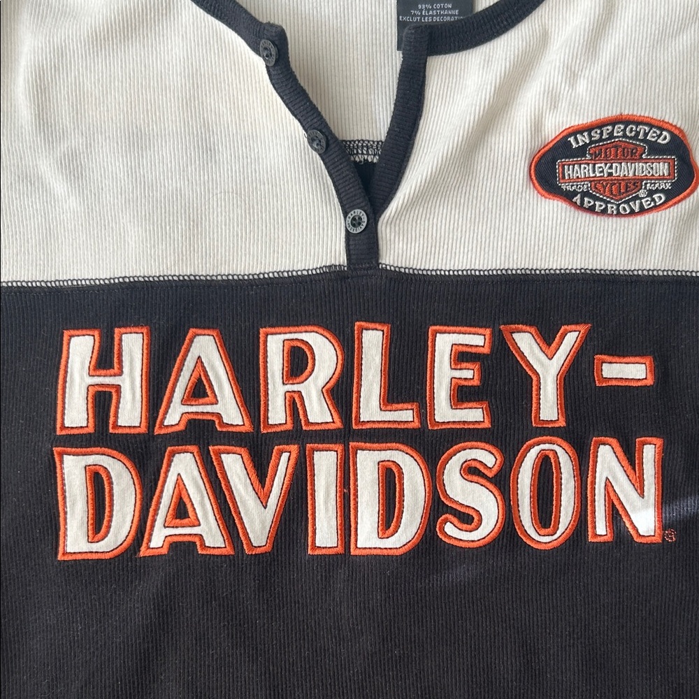 vintage Harley-Davidson Black and White Women Henley Long Sleeve Ribbed Shirt - Picture 3 of 8